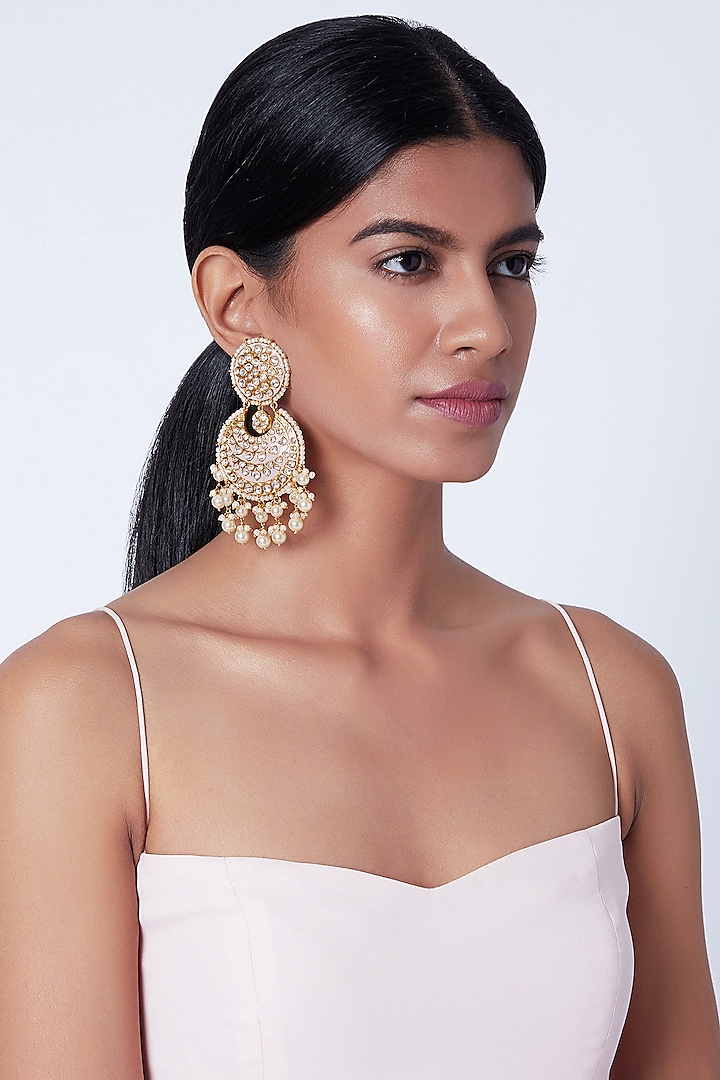 Gold Plated Pearl Chandbali Earrings by Moh-Maya by Disha Khatri