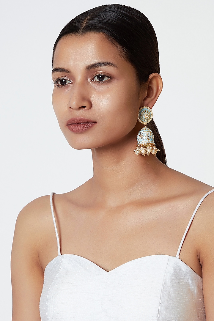 Gold Plated Pearl Meenakari Jhumka Earrings by Moh-Maya by Disha Khatri