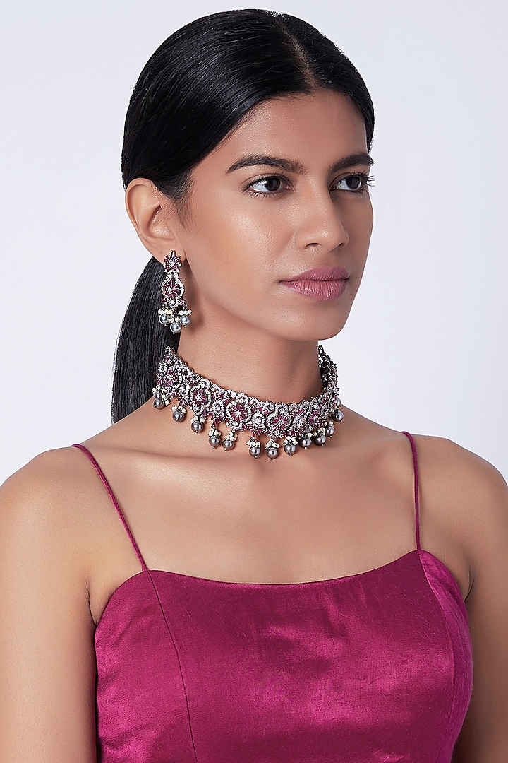 Gold Plated Faux Diamond Necklace Set by Moh-Maya by Disha Khatri