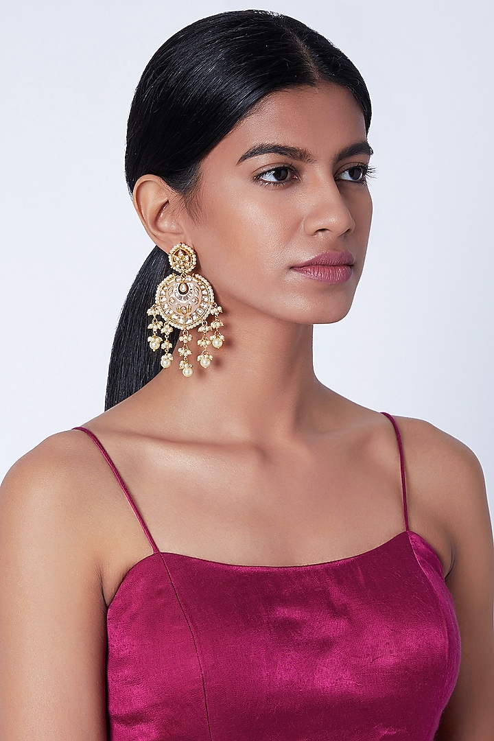 Gold Plated Light Pink Meenakari Chandbali Earrings by Moh-Maya by Disha Khatri