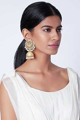 Gold Plated Long Jhumka Earrings by Moh-Maya by Disha Khatri