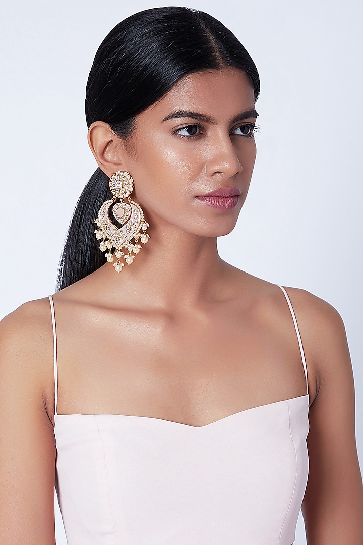 Gold Plated Kundan Meenakari Chandbali Earrings by Moh-Maya by Disha Khatri