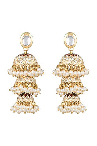 Gold Finish Pearl Long Jhumka Earrings by Moh-Maya by Disha Khatri