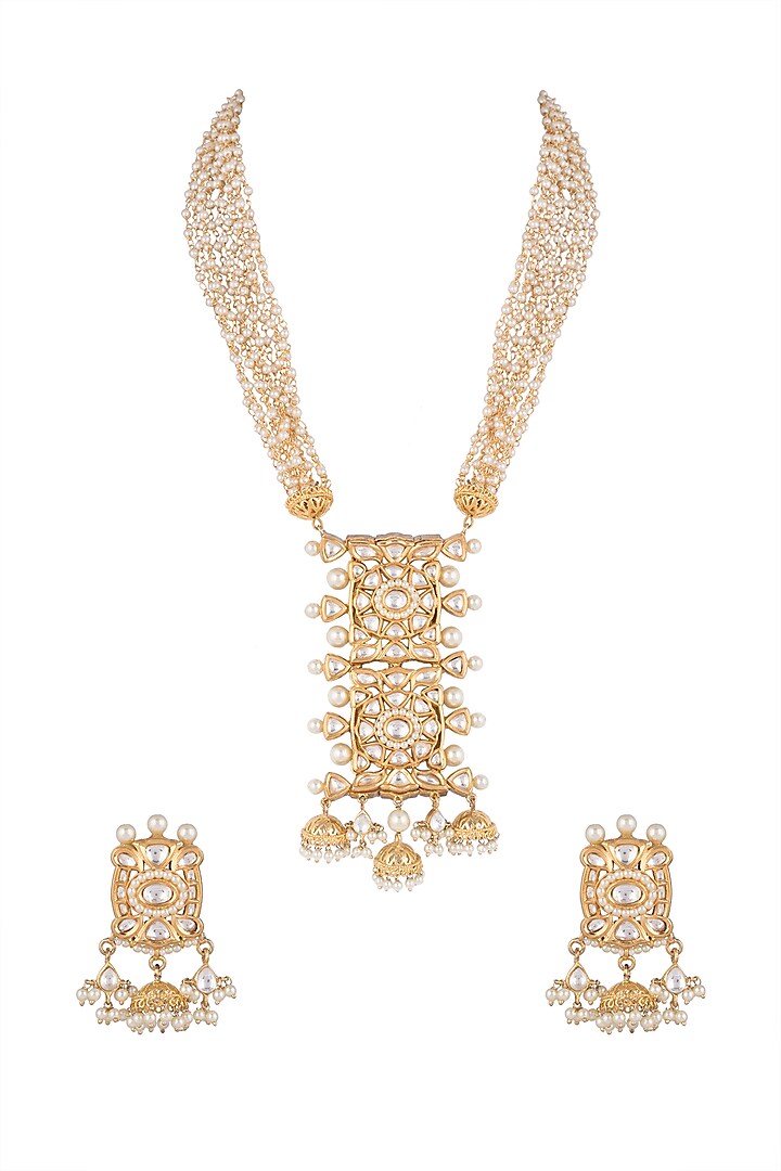 Gold Finish Kundan Pendant Necklace Set by Moh-Maya by Disha Khatri at Pernia's Pop Up Shop