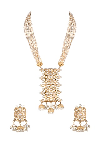 Gold Finish Kundan Pendant Necklace Set by Moh-Maya by Disha Khatri