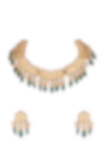 Gold Finish Pearl & Kundan Choker Necklace Set by Moh-Maya by Disha Khatri at Pernia's Pop Up Shop