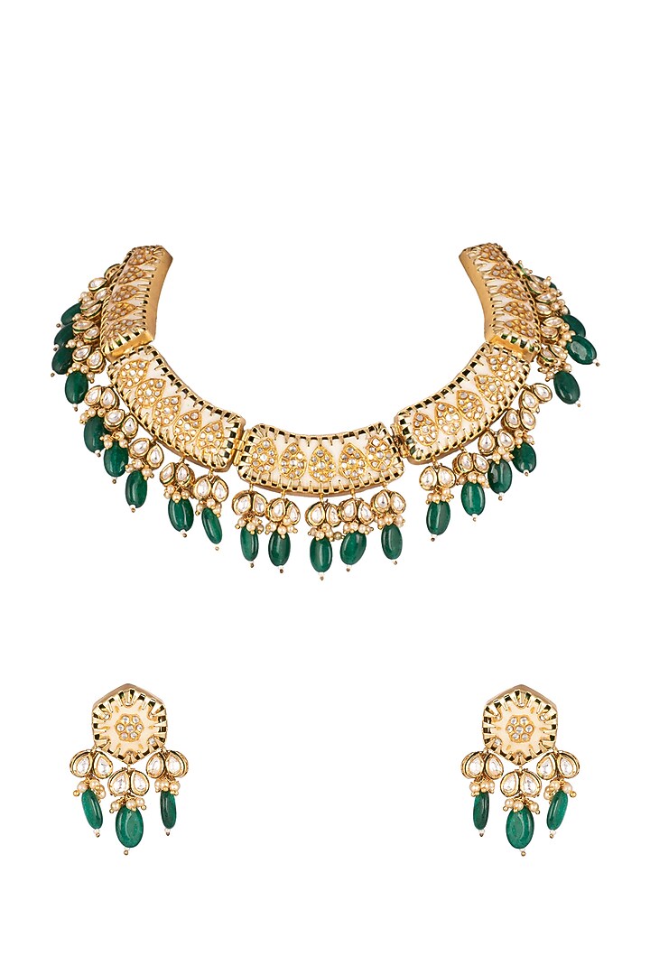 Gold Finish Pearl & Kundan Choker Necklace Set by Moh-Maya by Disha Khatri at Pernia's Pop Up Shop