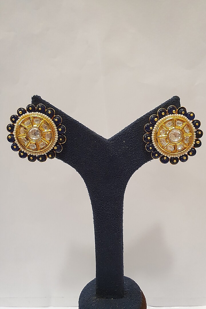 Gold Finish Dark Blue Stone Earrings by Moh-Maya By Disha Khatri