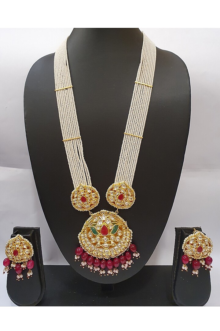 Gold Finish Pearl Necklace Set by Moh-Maya By Disha Khatri