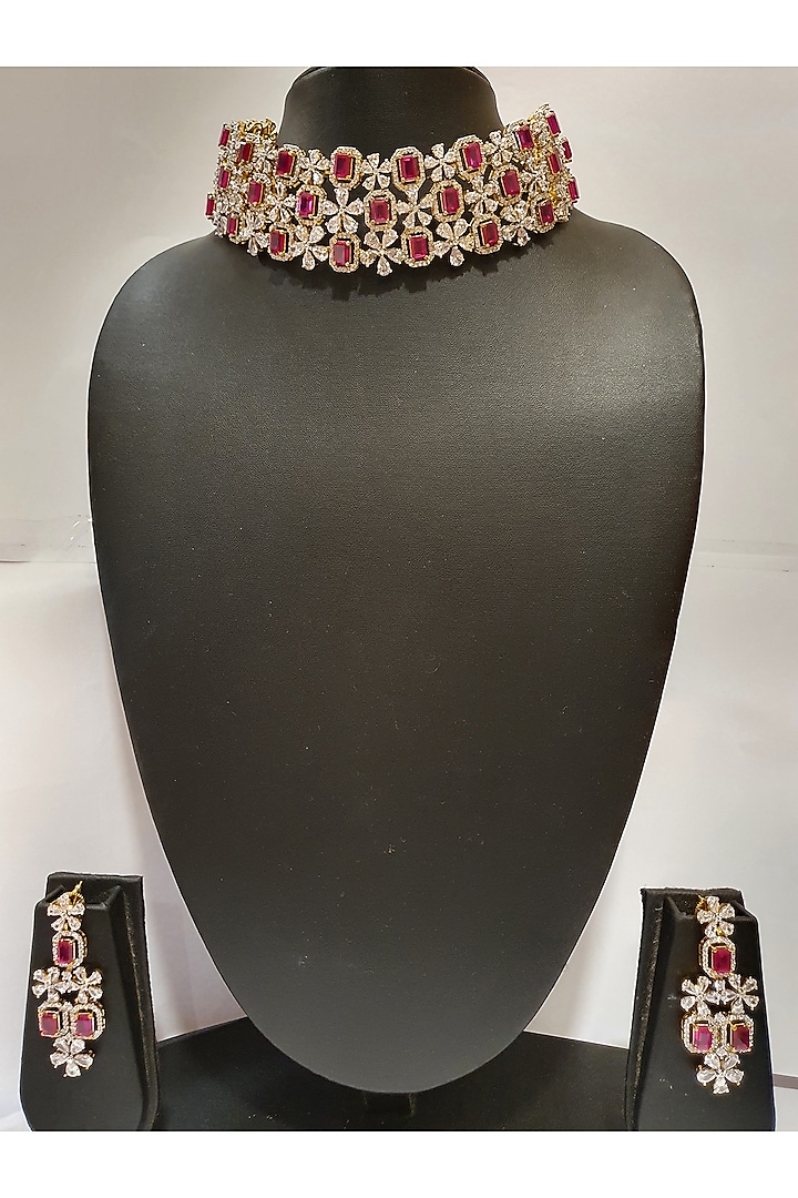 Gold Finish Ruby Necklace Set by Moh-Maya By Disha Khatri