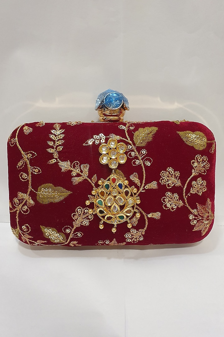 Gold & Red Velvet Embroidered Clutch by Moh-Maya By Disha Khatri