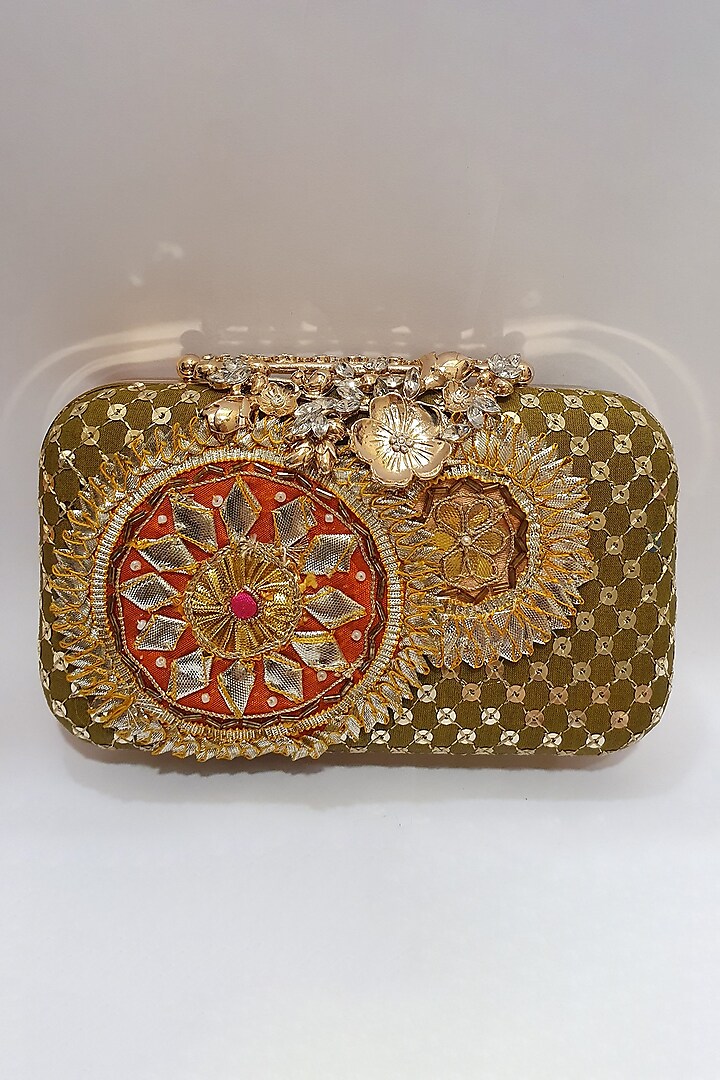 Olive Green Embroidered & Printed Clutch by Moh-Maya By Disha Khatri
