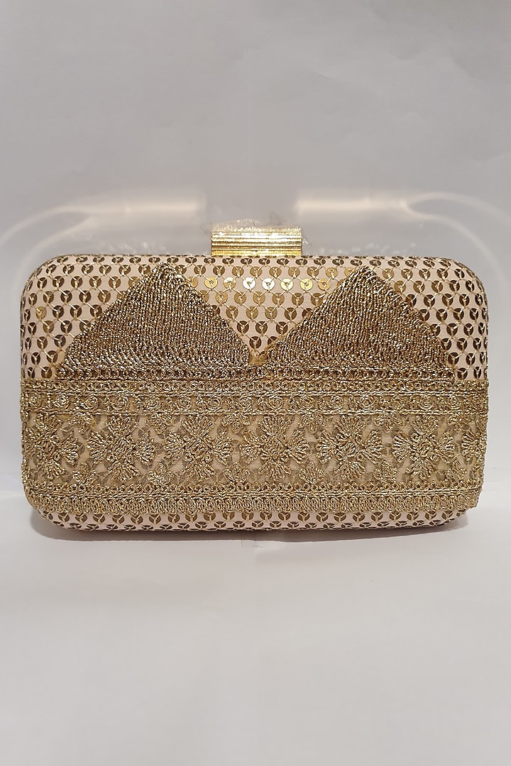 Light Pink & Gold Embroidered Clutch by Moh-Maya By Disha Khatri