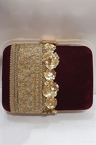 Maroon Clutch With Lace Detailing by Moh-Maya By Disha Khatri
