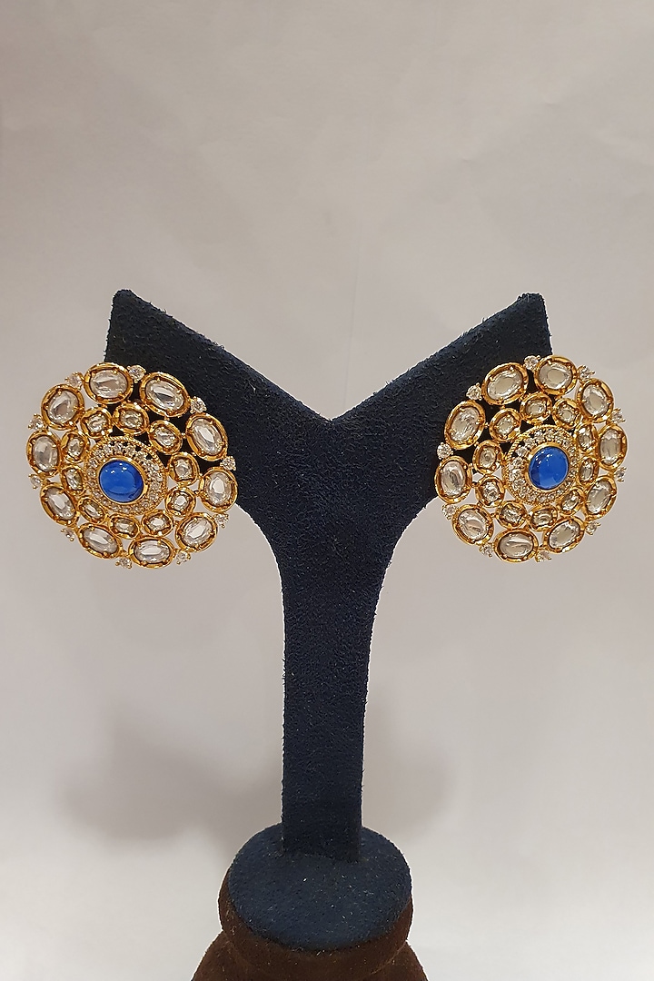 Gold Finish Blue Stone Earrings by Moh-Maya By Disha Khatri at Pernia's Pop Up Shop