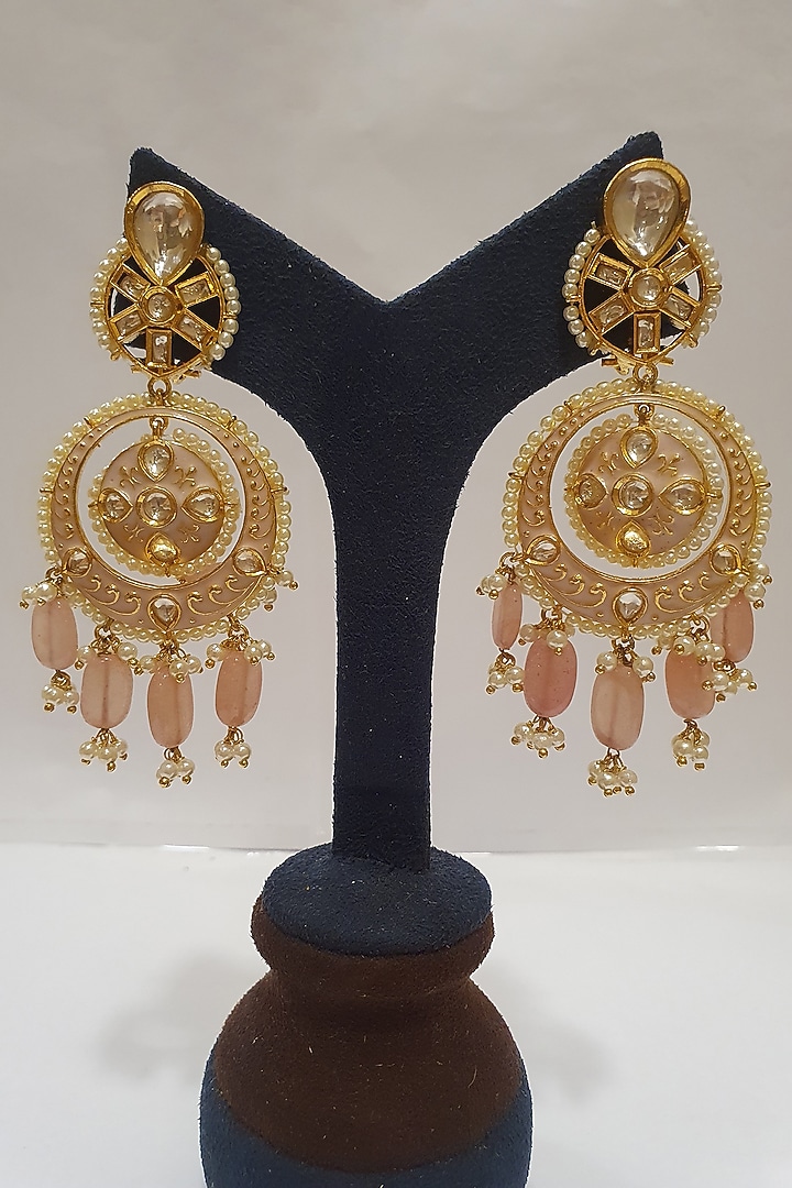 Gold Finish Chandbali Earrings With Meenakari by Moh-Maya By Disha Khatri at Pernia's Pop Up Shop