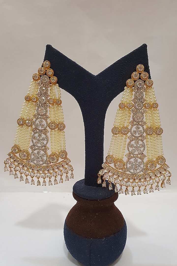 Gold Finish Pearl & Diamond Earrings by Moh-Maya By Disha Khatri