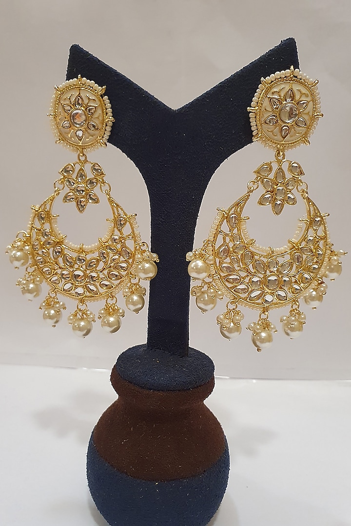 Gold Finish Kundan & Pearl Meenakari Earrings by Moh-Maya By Disha Khatri