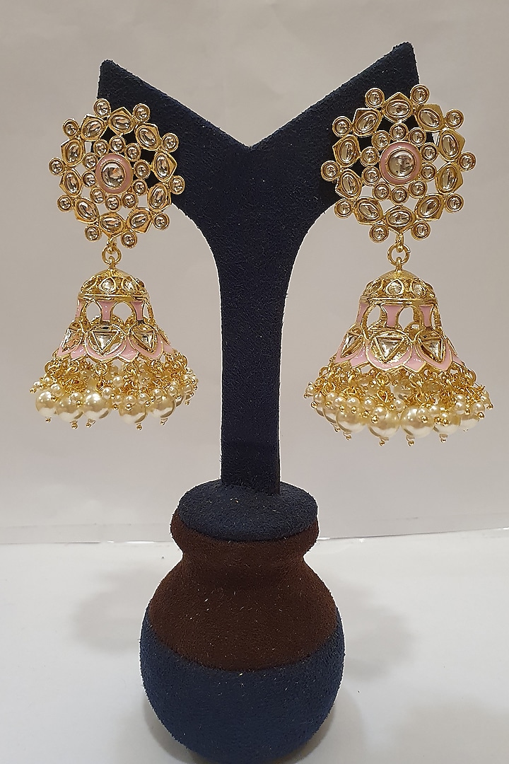 Gold Finish Pearl Jhumka Earrings by Moh-Maya By Disha Khatri