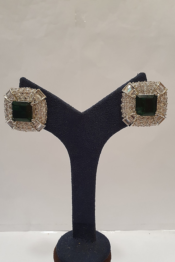 Silver Finish Emerald Stud Earrings by Moh-Maya By Disha Khatri