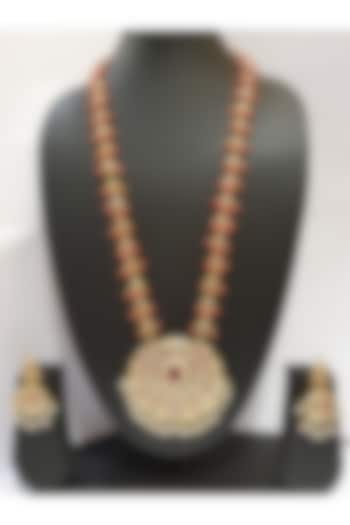 Gold Finish Long Pendant Necklace Set by Moh-Maya By Disha Khatri