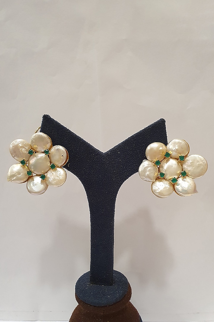 Gold Finish Emerald & Pearls Earrings by Moh-Maya By Disha Khatri