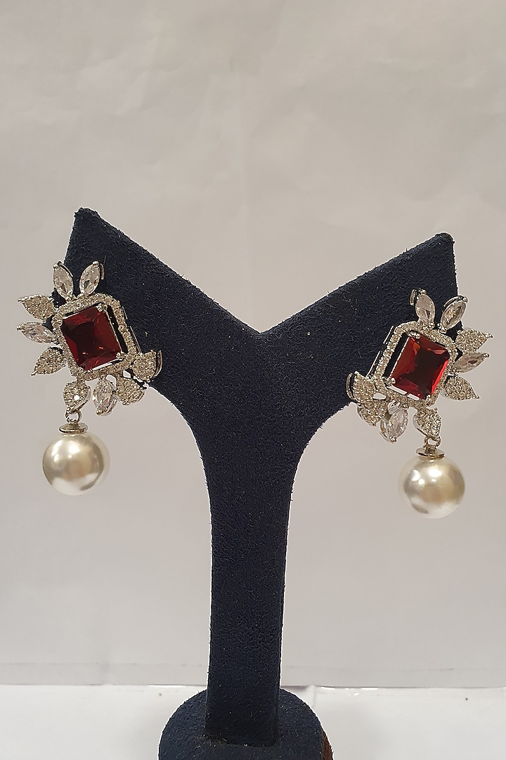 Silver Finish Faux Diamond Earrings by Moh-Maya By Disha Khatri
