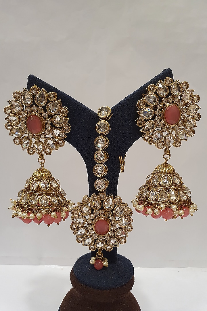 Gold Finish Pink Stone Earrings by Moh-Maya By Disha Khatri