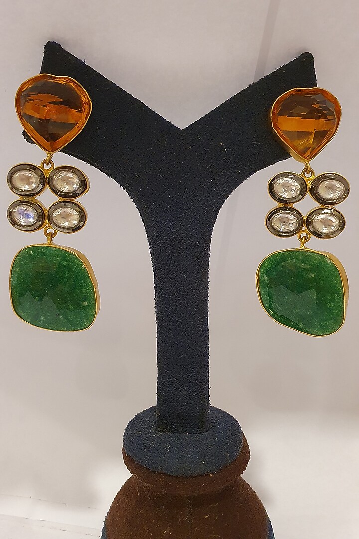 Gold Finish Orange Stone Earrings by Moh-Maya By Disha Khatri at Pernia's Pop Up Shop