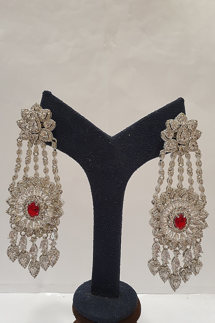 Silver Finish Red Stone Earrings by Moh-Maya By Disha Khatri