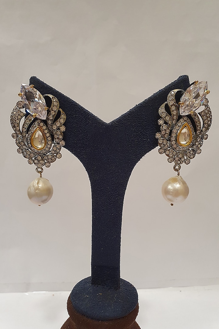 Gold Finish Kundan & Pearls Earrings by Moh-Maya By Disha Khatri