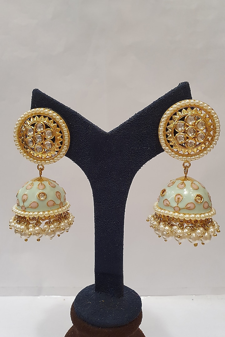 Gold Finish Meenakari Jhumka Earrings by Moh-Maya By Disha Khatri
