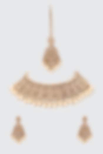 Gold Finish Kundan Polki & Champagne Stone Choker Necklace Set by Moh-Maya by Disha Khatri at Pernia's Pop Up Shop