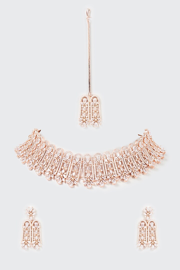 Rose Gold Finish Zircon Choker Necklace Set by Moh-Maya by Disha Khatri at Pernia's Pop Up Shop