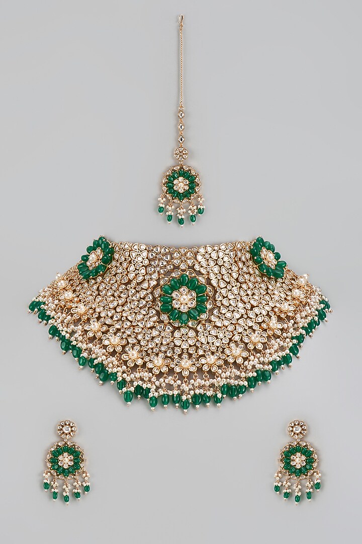 Gold Finish Kundan Polki & Green Stone Choker Necklace Set by Moh-Maya by Disha Khatri at Pernia's Pop Up Shop