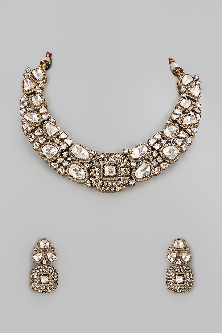 Gold Finish Kundan Polki Necklace Set by Moh-Maya by Disha Khatri
