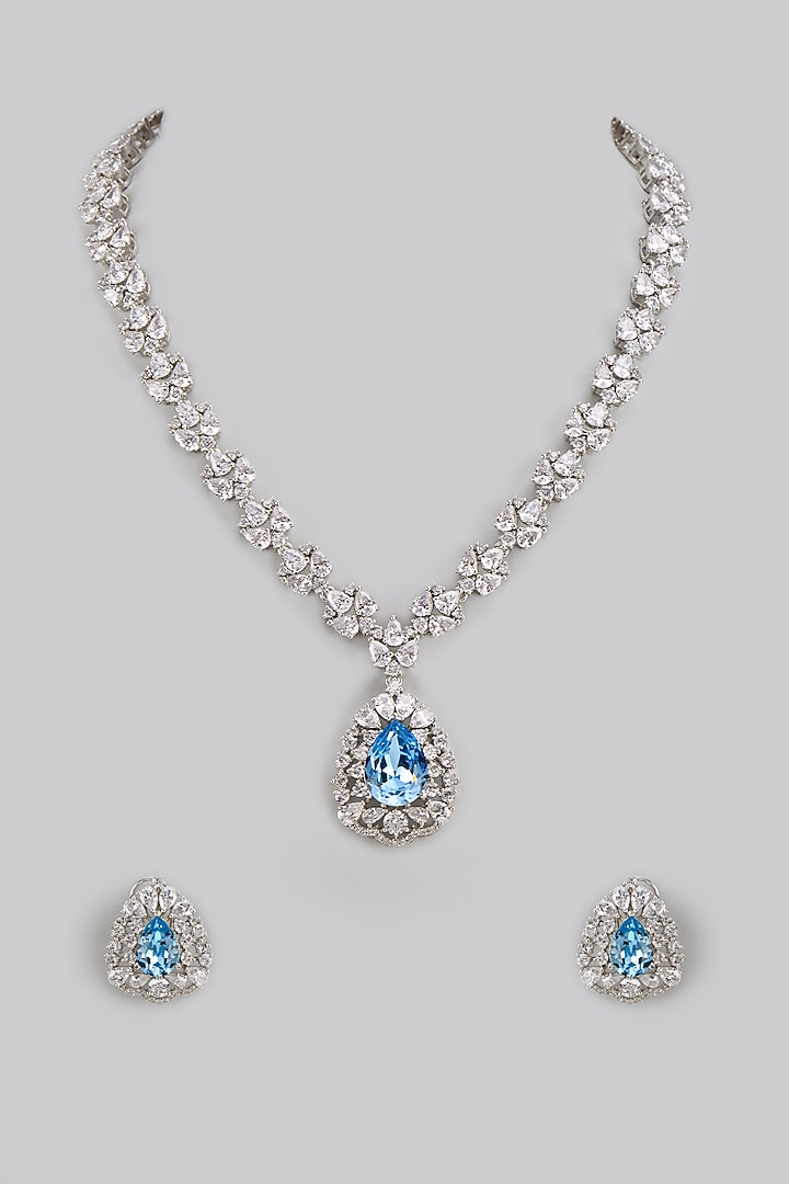 White Finish Zircon & Blue Stone Necklace Set by Moh-Maya by Disha Khatri