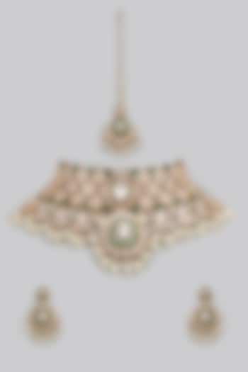 Gold Finish Kundan Polki & Green Stone Necklace Set by Moh-Maya by Disha Khatri at Pernia's Pop Up Shop