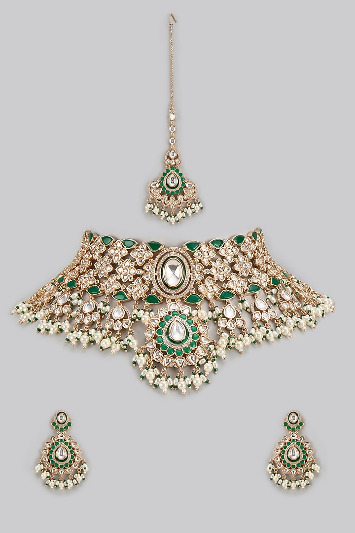 Gold Finish Kundan Polki & Green Stone Necklace Set by Moh-Maya by Disha Khatri at Pernia's Pop Up Shop