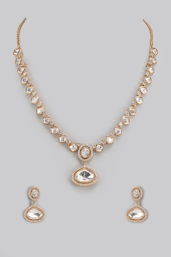 Gold Finish Kundan Polki Necklace Set by Moh-Maya by Disha Khatri at Pernia's Pop Up Shop