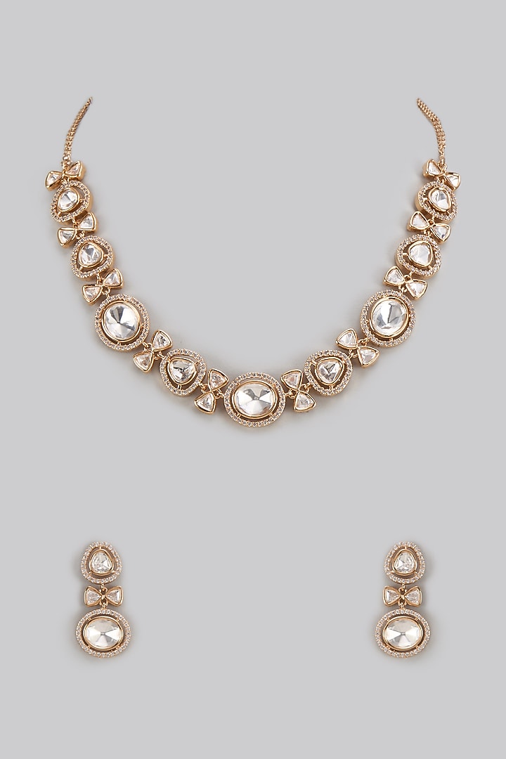 Gold Finish Kundan Polki Necklace Set by Moh-Maya by Disha Khatri at Pernia's Pop Up Shop