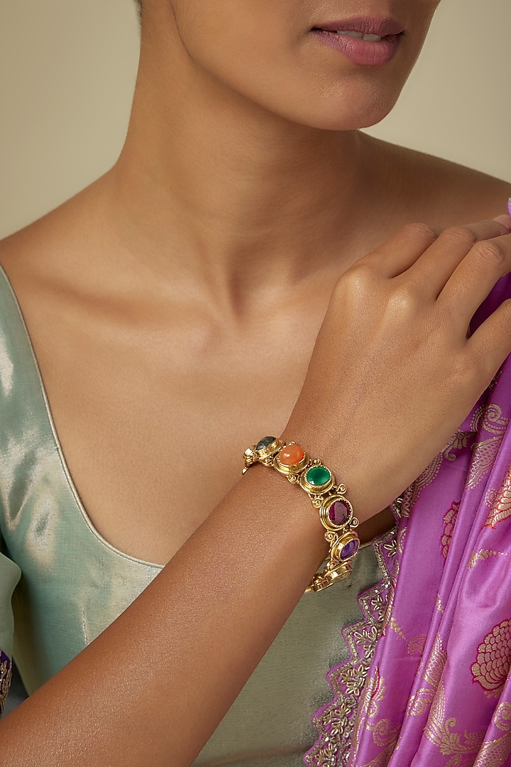 Gold Finish Multi-Colored Kundan Polki Bracelet In Sterling Silver by Moh-Maya by Disha Khatri at Pernia's Pop Up Shop