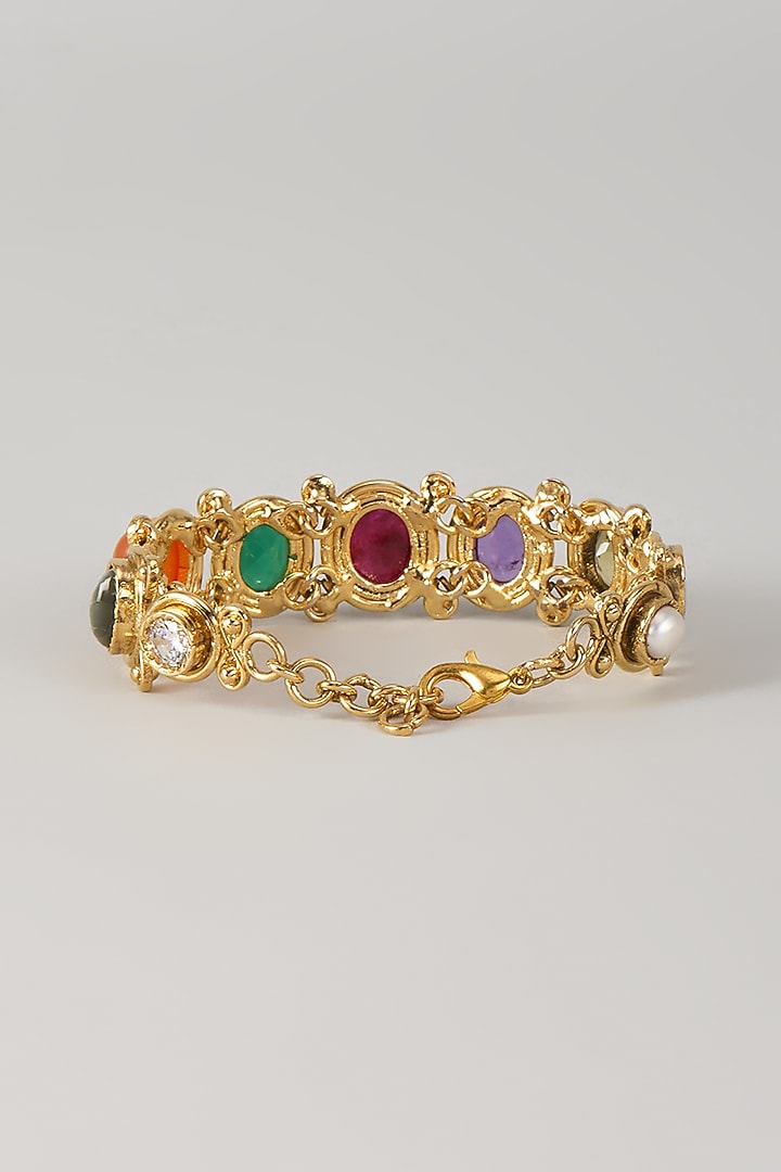 Gold Finish Multi-Colored Kundan Polki Bracelet In Sterling Silver by Moh-Maya by Disha Khatri at Pernia's Pop Up Shop