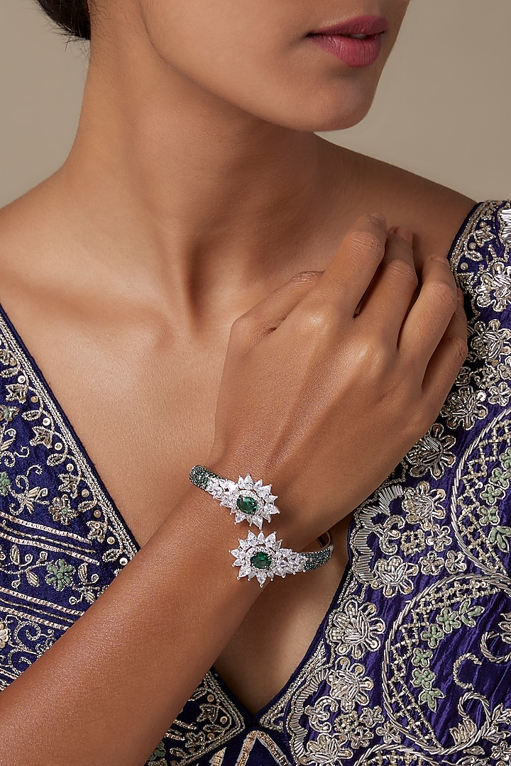 Silver Finish Zircon & Emerald Stone Bracelet by Moh-Maya by Disha Khatri at Pernia's Pop Up Shop