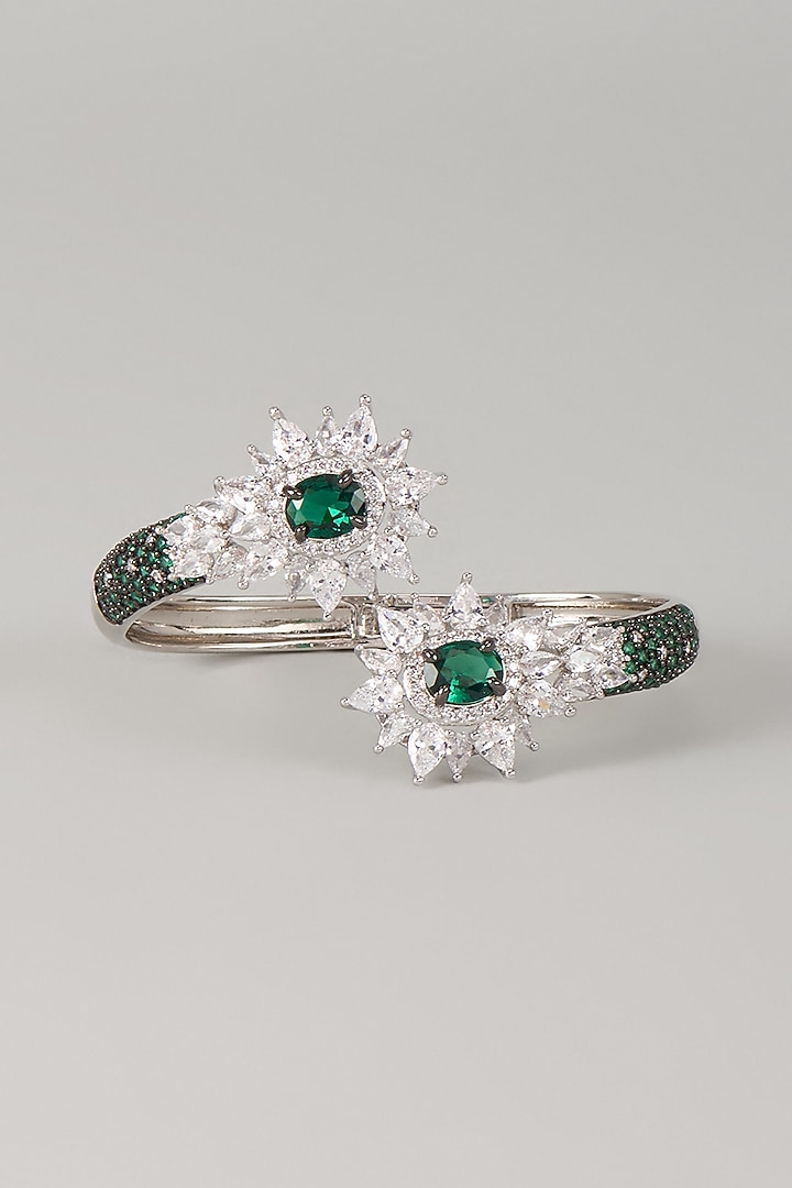 Silver Finish Zircon & Emerald Stone Bracelet by Moh-Maya by Disha Khatri at Pernia's Pop Up Shop