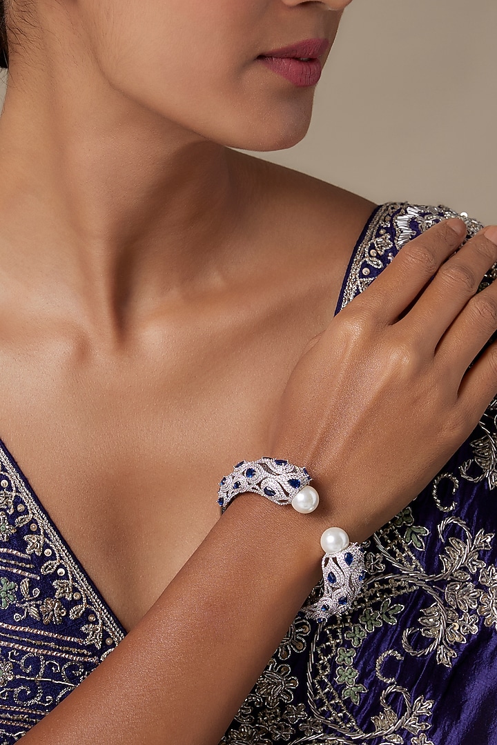 Silver Finish Sapphire Stone & Zircon Bracelet by Moh-Maya by Disha Khatri at Pernia's Pop Up Shop