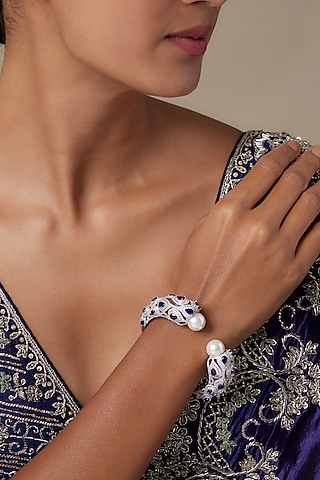 Silver Finish Sapphire Stone & Zircon Bracelet by Moh-Maya by Disha Khatri
