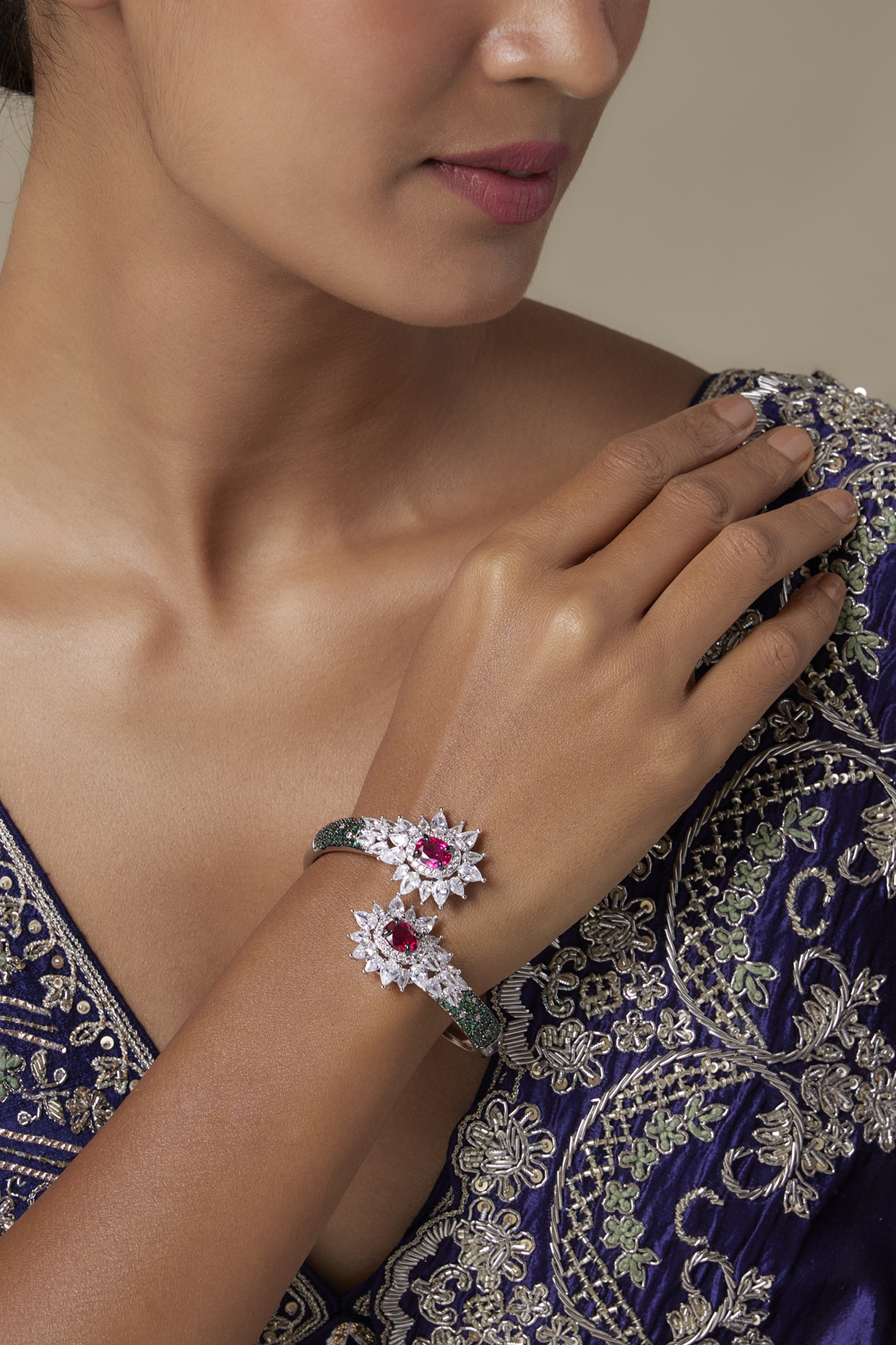 Silver Finish Ruby Stone & Zircon Bracelet by Moh-Maya by Disha Khatri at Pernia's Pop Up Shop