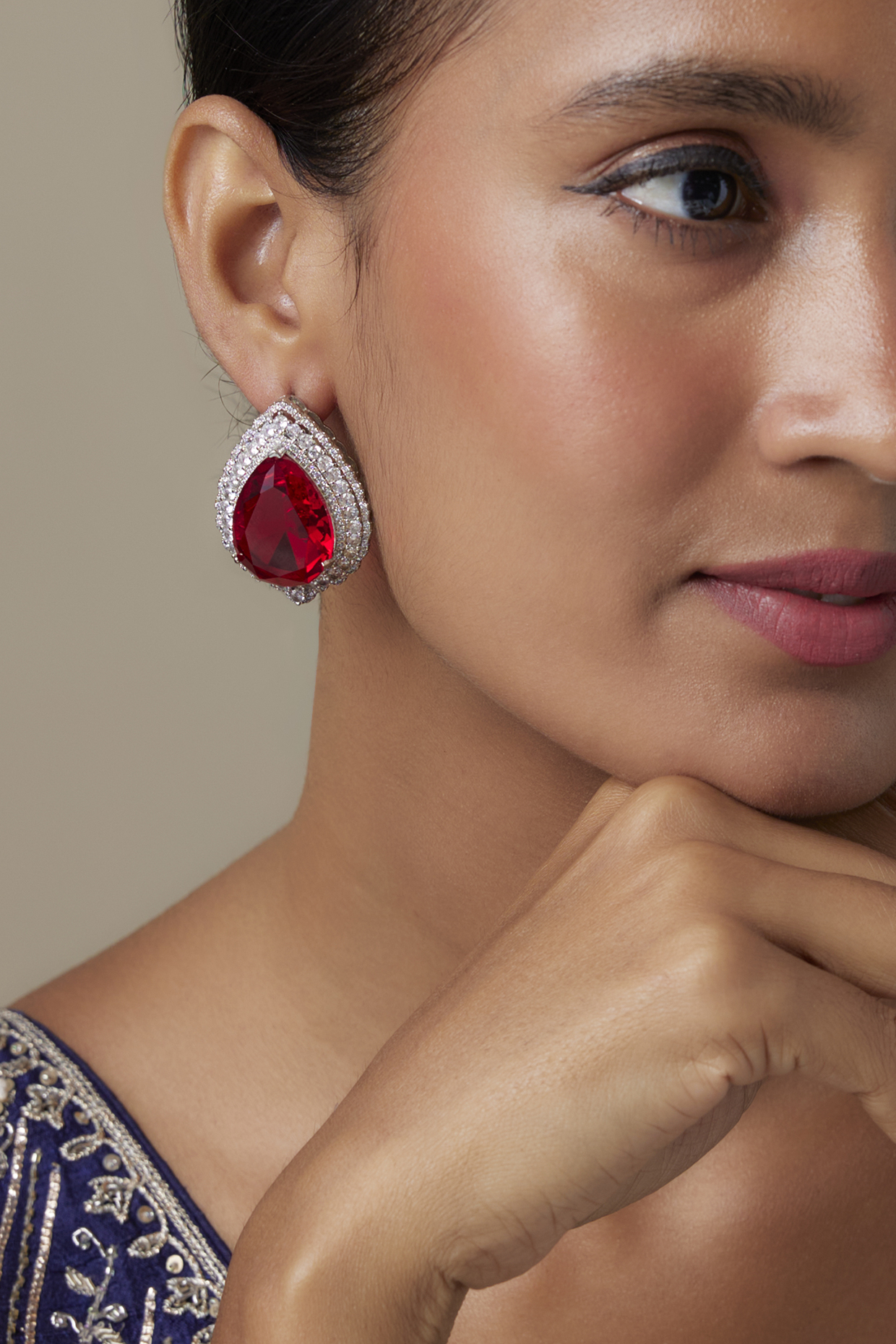 Silver Finish Zircon & Ruby Stone Stud Earrings by Moh-Maya by Disha Khatri at Pernia's Pop Up Shop