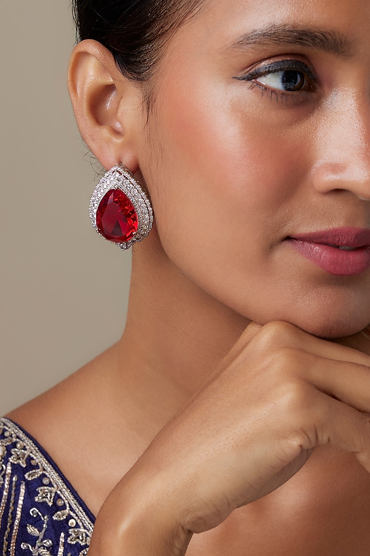 Silver Finish Zircon & Ruby Stone Stud Earrings by Moh-Maya by Disha Khatri at Pernia's Pop Up Shop